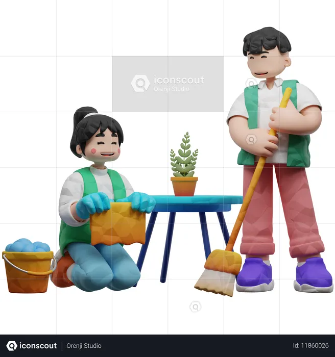 Cleaning Worker With Bucket And Broom  3D Illustration
