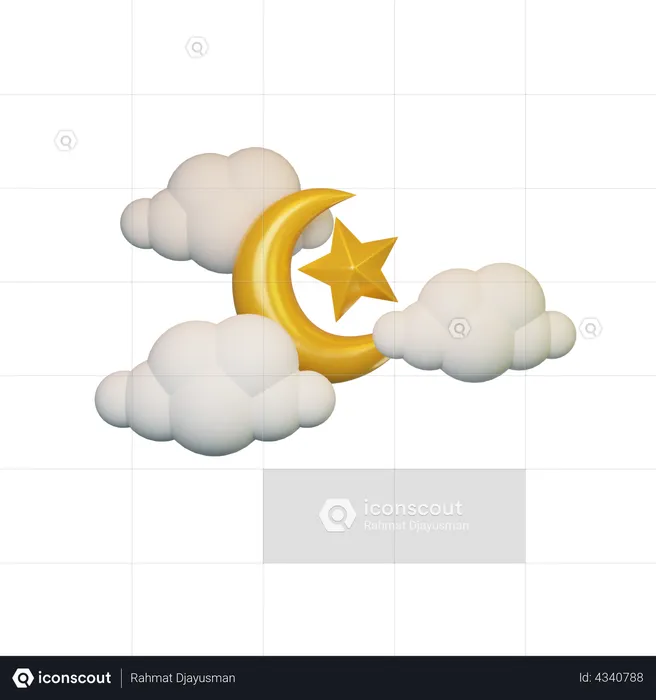 Cloud Crescent And Star  3D Illustration