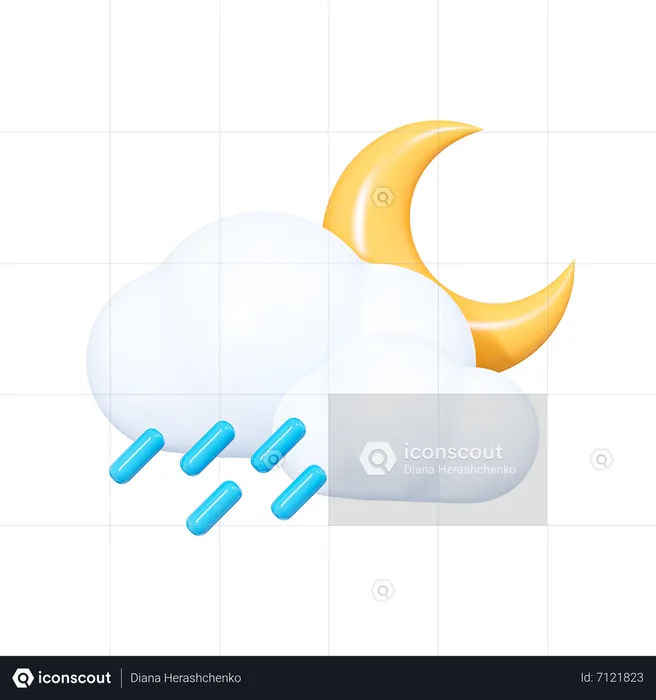 Cloud with Crescent Moon and Raindrops  3D Icon