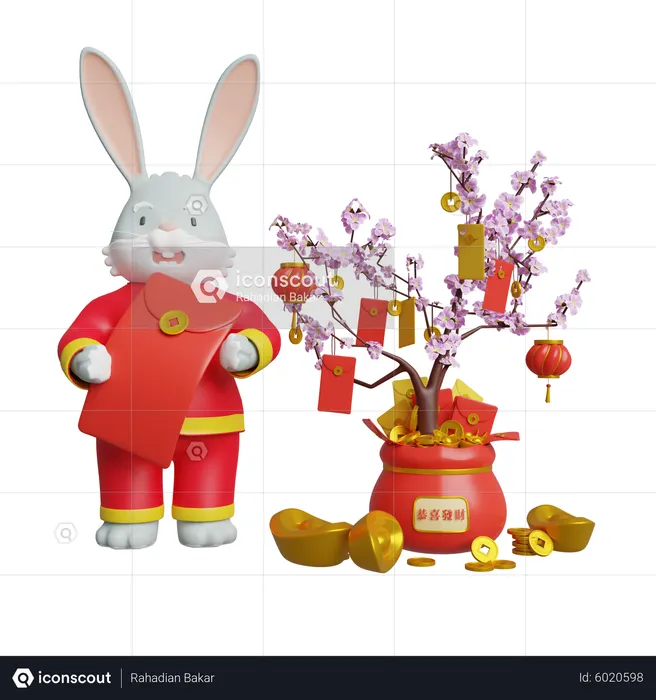 Coelhinho Chinês Segurando Um Envelope Chinês  3D Illustration