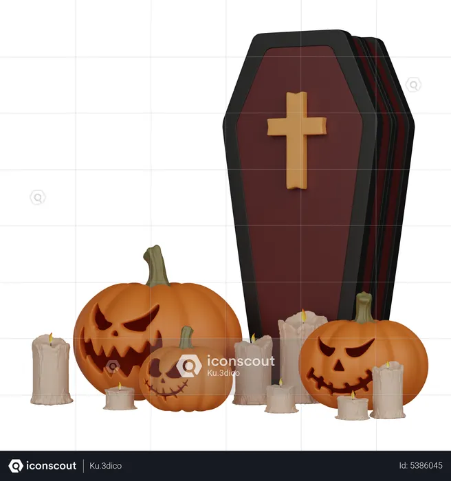Coffin with pumpkin and candle  3D Icon