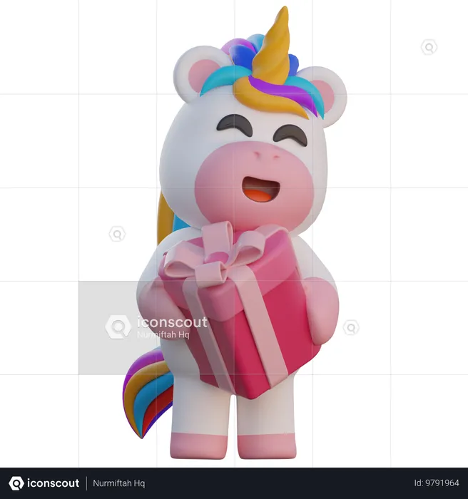 Licorne portant une boîte cadeau  3D Illustration