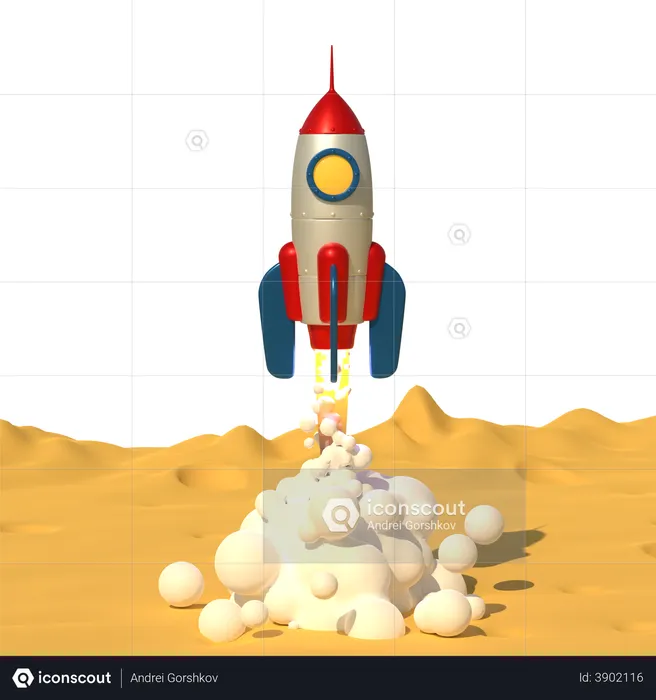 Cohete despega con humo de la superficie del planeta Luna  3D Illustration