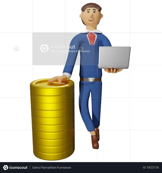 Coins with businessman holding a laptop  3D Illustration