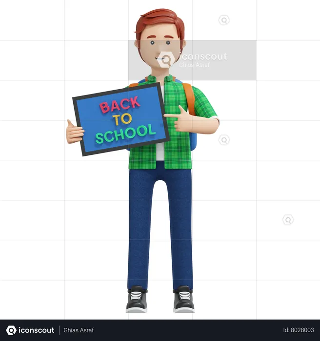 College boy holding back to school board  3D Illustration