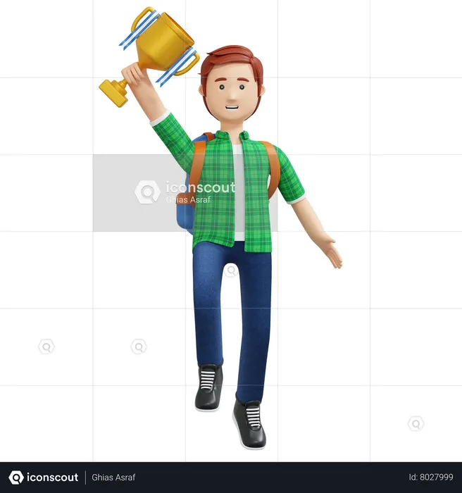 College boy holding gold trophy  3D Illustration