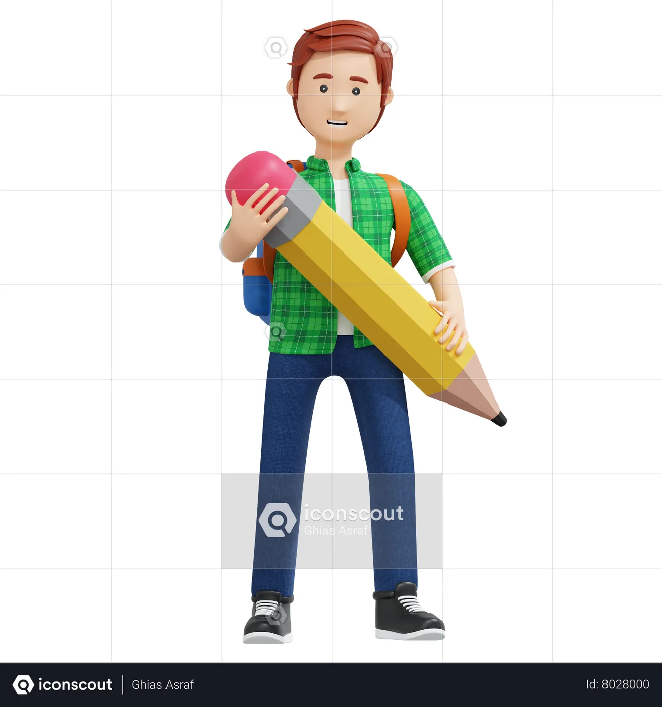 College boy holding pencil 3D Illustration download in PNG, OBJ or ...