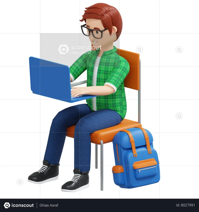 College boy studying on laptop  3D Illustration