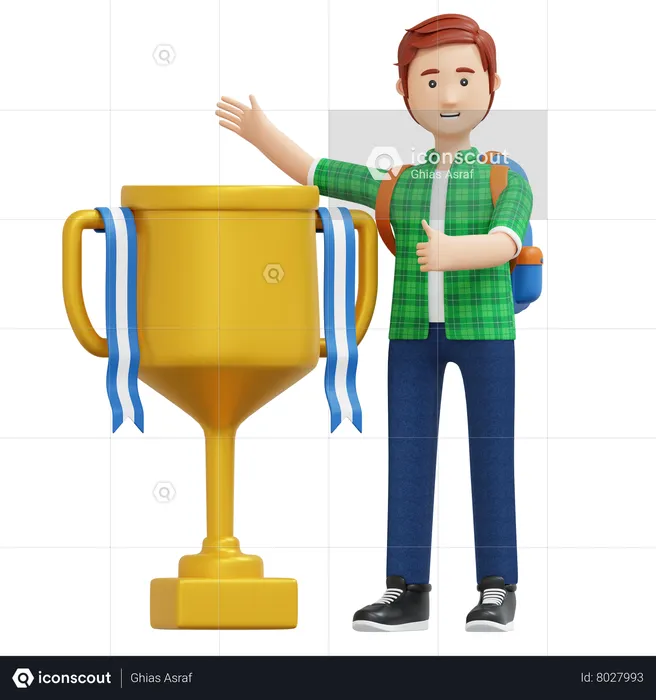 College boy winning gold trophy  3D Illustration