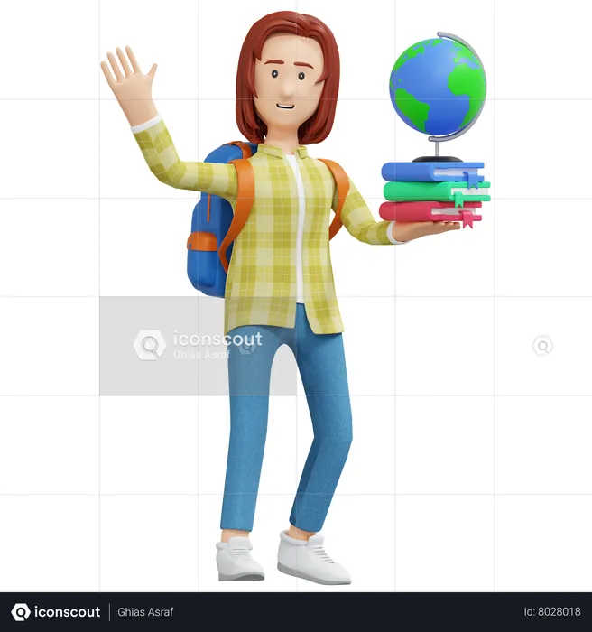 College girl holding book and globe  3D Illustration