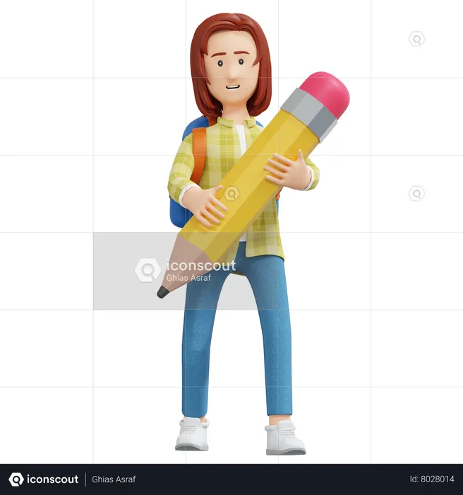 College girl holding pencil  3D Illustration