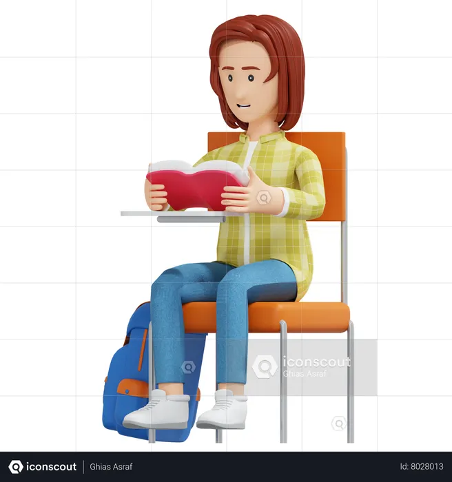 College girl reading book  3D Illustration