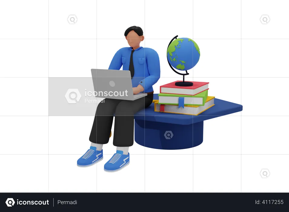 College student boy studying on laptop  3D Illustration