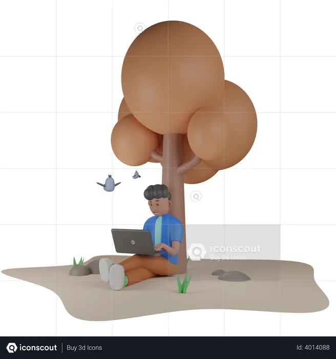 College Student Sitting Under Tree  3D Illustration