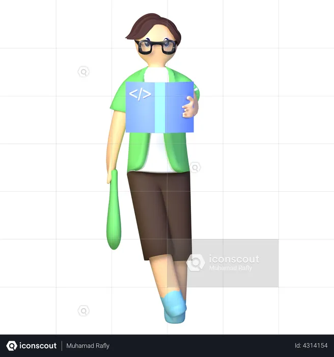 College student stand and reading book while holding bag  3D Illustration