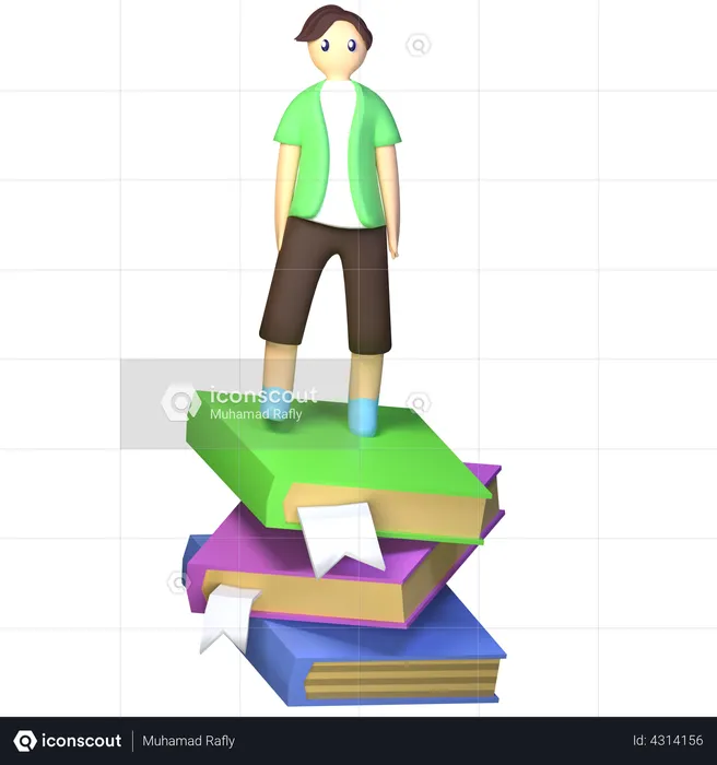 College student stand in floating stack book  3D Illustration