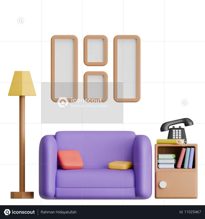 Comfort Chair With Side Floor Lamp And Bookshelf Interior  3D Icon