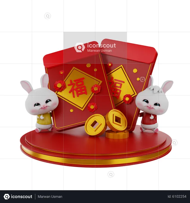 Conejo chino trae angpao  3D Illustration