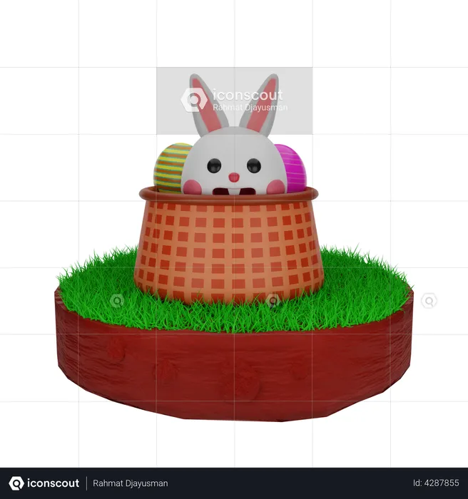 Conejo de Pascua en canasta con huevos  3D Illustration