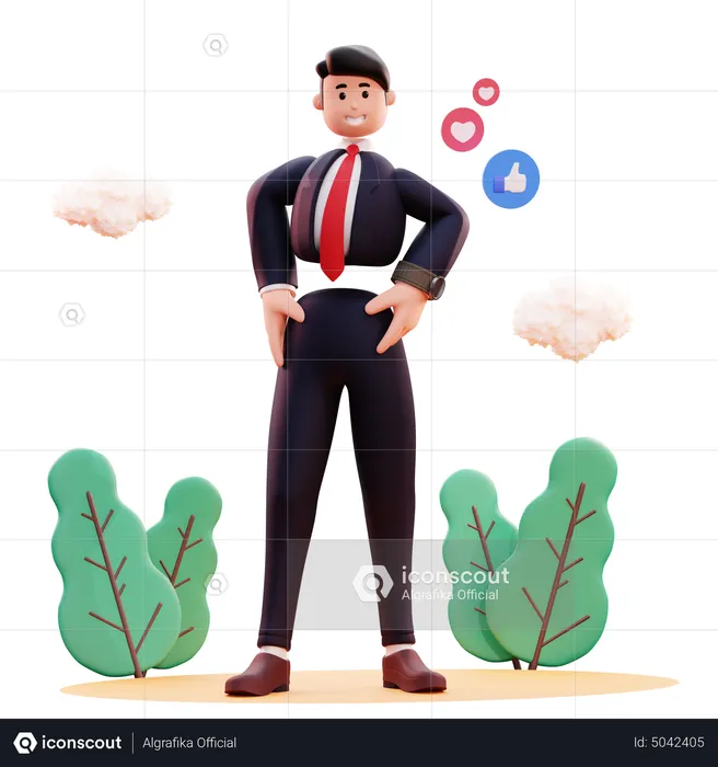 Confident businessman stand with arms on waist  3D Illustration