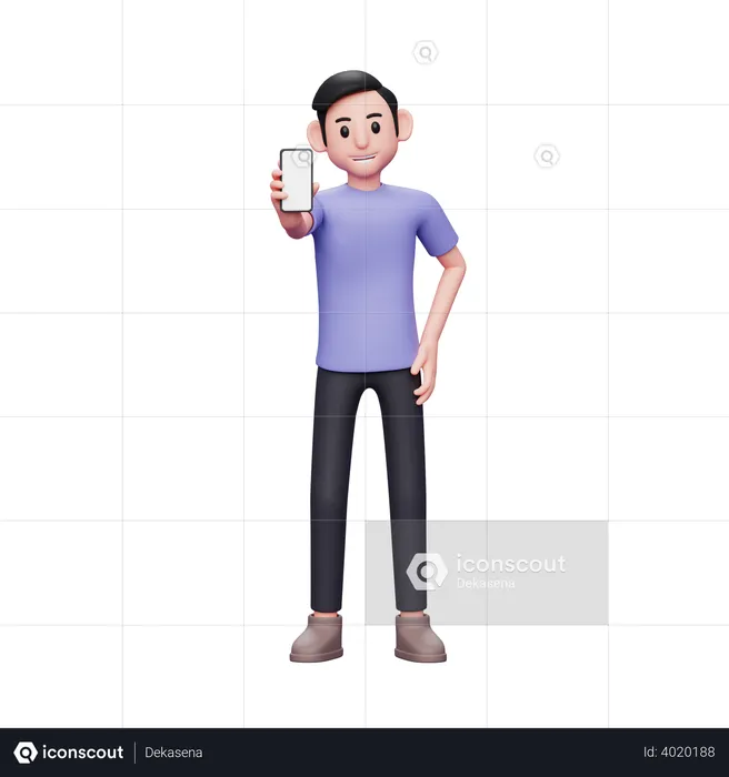 Confident casual man holding and showing phone screen and left hand on waist  3D Illustration