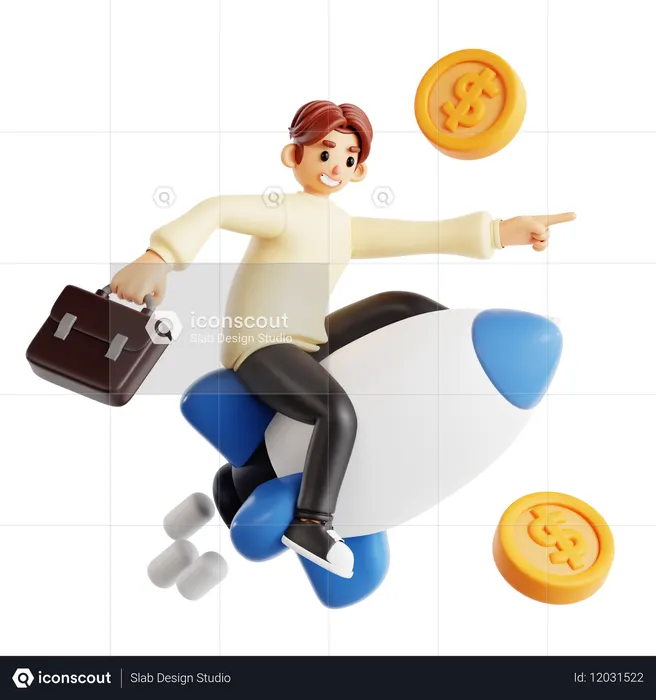 Confident Man Riding Rocket With Coins  3D Icon