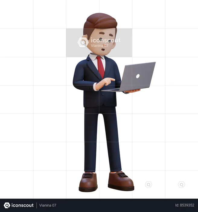 Confused Businessman Standing And Working On Laptop  3D Illustration