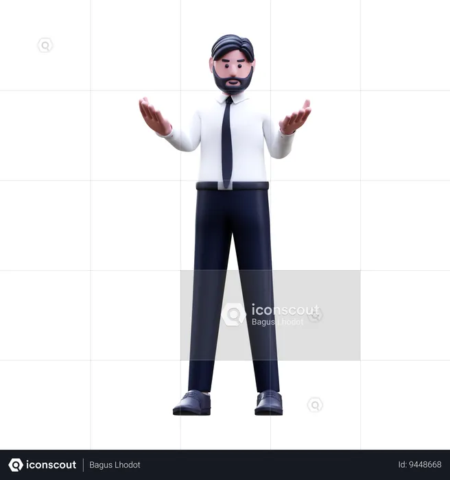 Confused Businessman Standing With Open Hands  3D Illustration