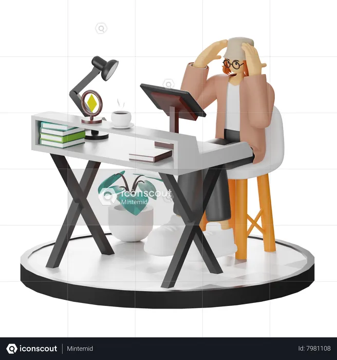 Confused Female Using Computer In Clean Workspace  3D Illustration