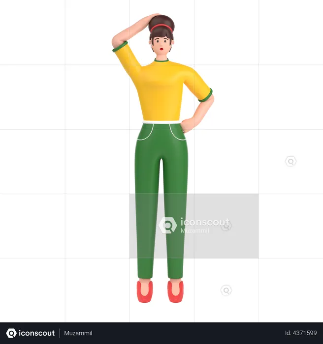 Confused girl open palm showing copy space and holding hand on head  3D Icon