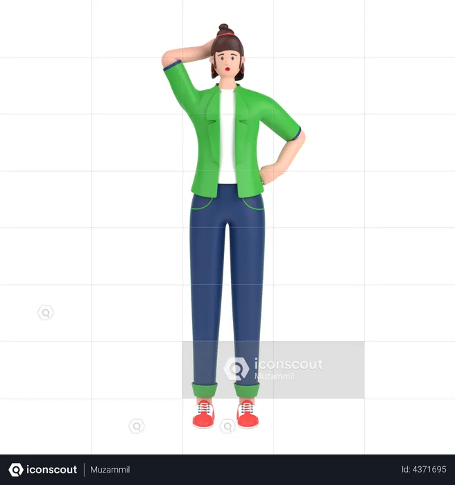 Confused girl open palm showing copy space and holding hand on head  3D Icon