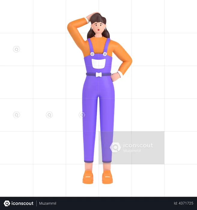 Confused girl open palm showing copy space and holding hand on head  3D Icon