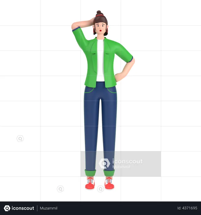 Confused girl open palm showing copy space and holding hand on head  3D Illustration