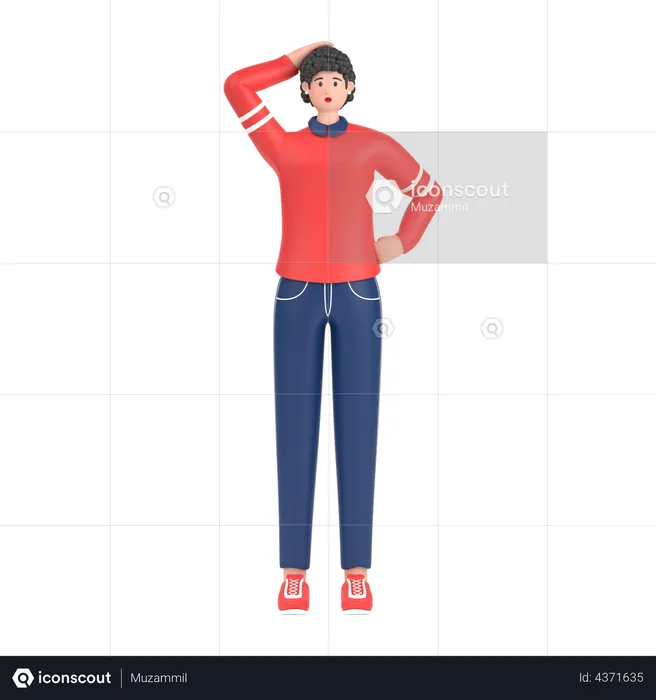Confused girl open palm showing copy space and holding hand on head  3D Illustration