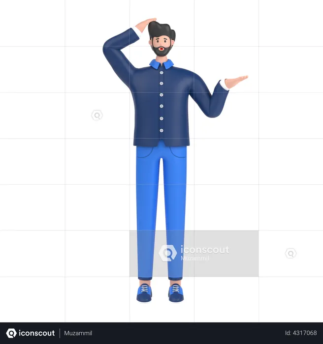 Confused man open palm showing copy space and holding hand on head  3D Illustration