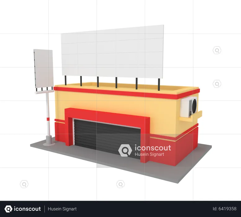 Construire un atelier avec des publicités sur panneaux d'affichage  3D Illustration