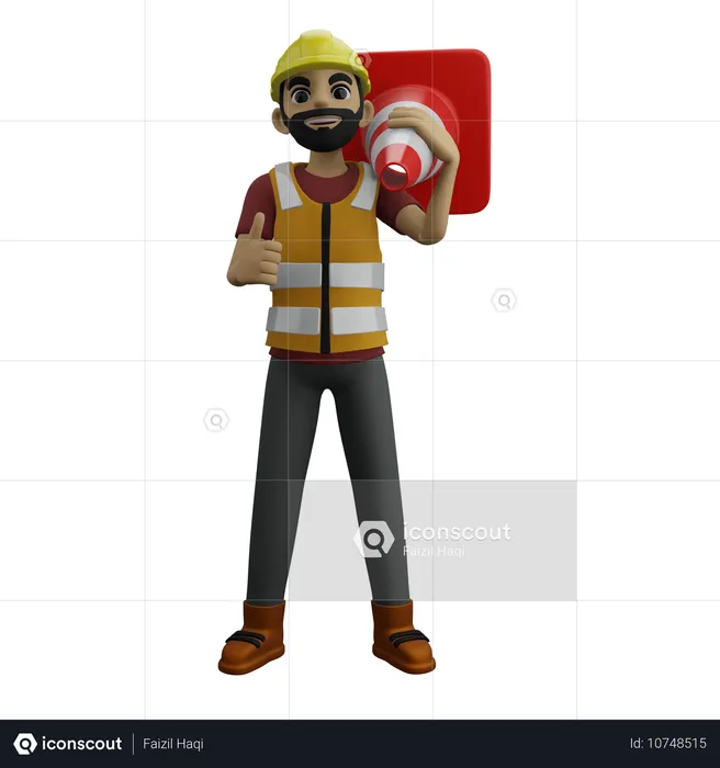 Construction Man Showing Thumbs While Holding Cone Pin  3D Illustration