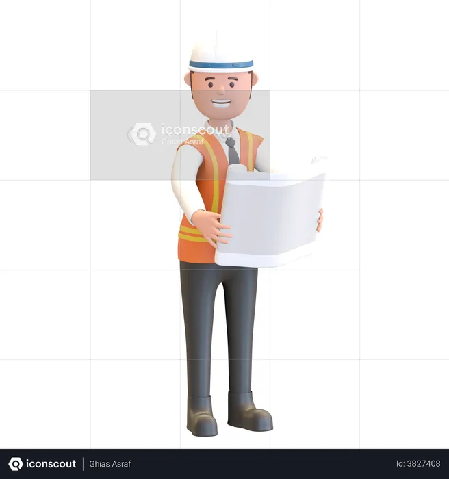 Construction manager holding blue print project plan  3D Illustration