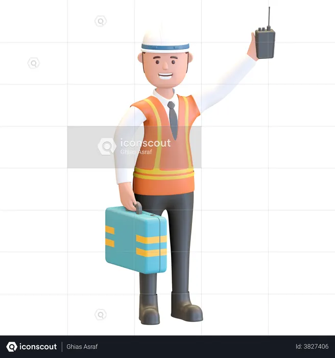 Construction manager holding briefcase and walkie talkie  3D Illustration