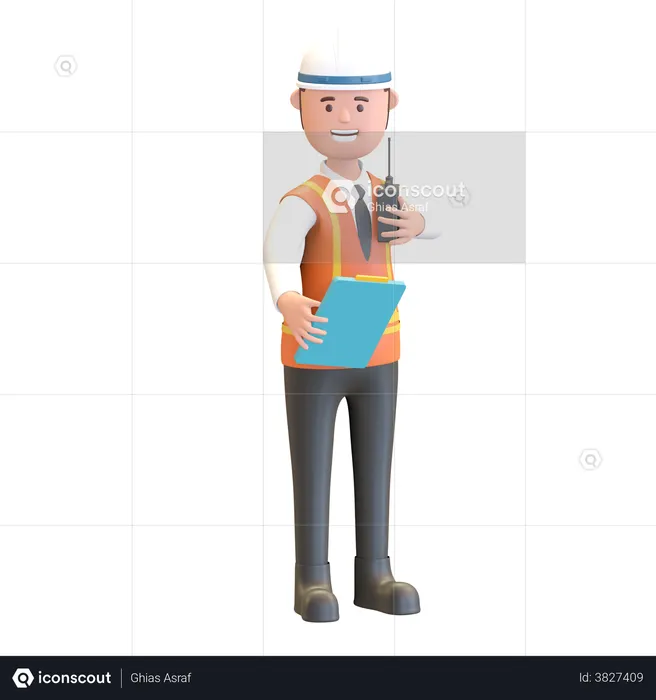 Construction manager holding note and walkie talkie  3D Illustration