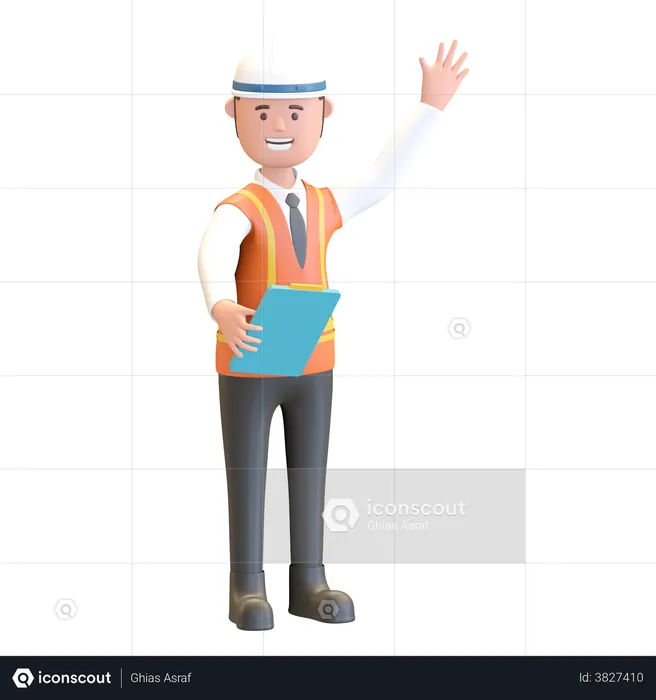 Construction manager holding note and waving hand  3D Illustration