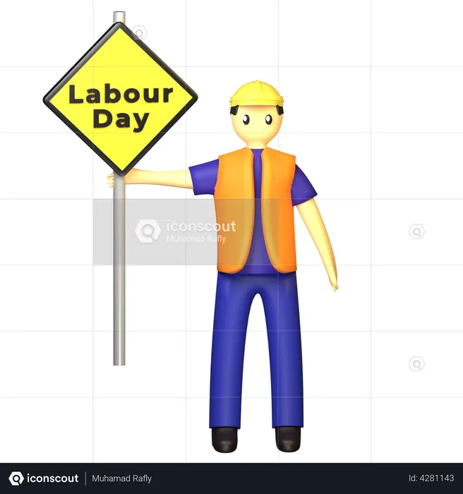 Construction site labour holding Labour Day Sign  3D Illustration