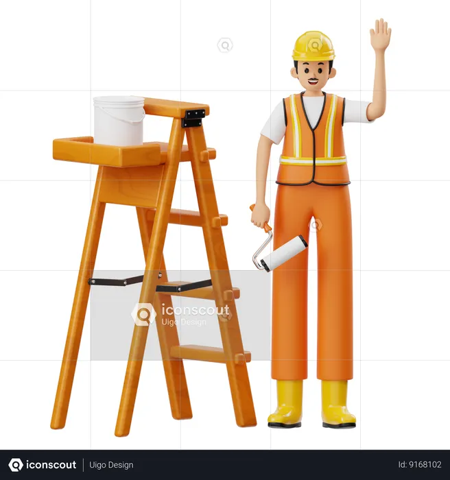 Construction With Paint Roller Standing Near The Stairs  3D Illustration