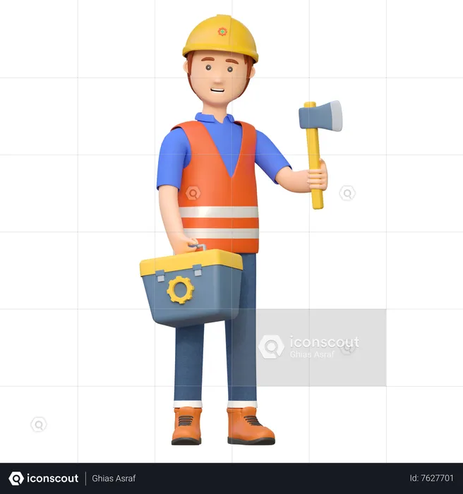 Construction worker carrying axe  3D Illustration