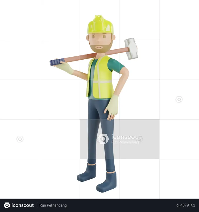 Construction worker carrying hammer  3D Illustration