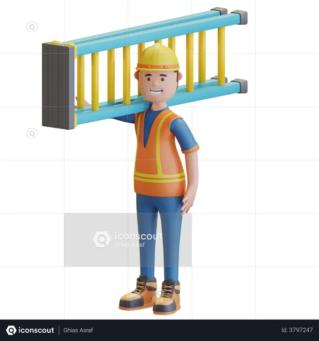Construction worker carrying ladder staircase  3D Illustration