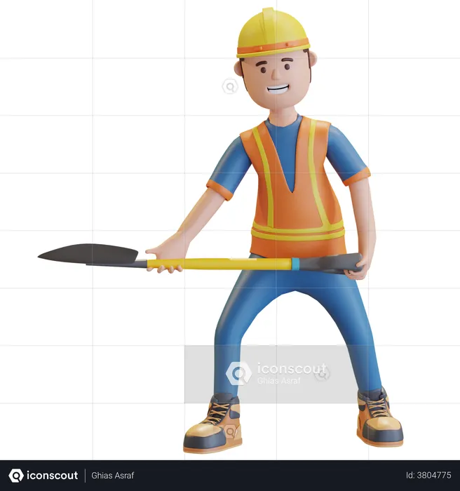 Construction worker carrying shovel  3D Illustration