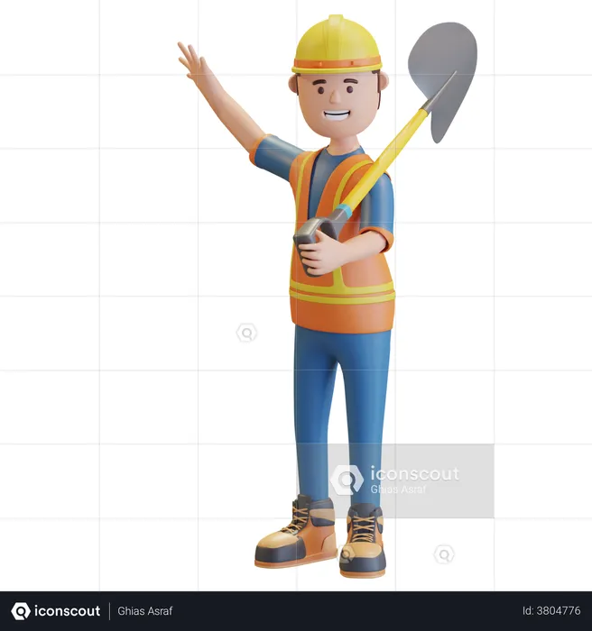 Construction worker carrying shovel  3D Illustration