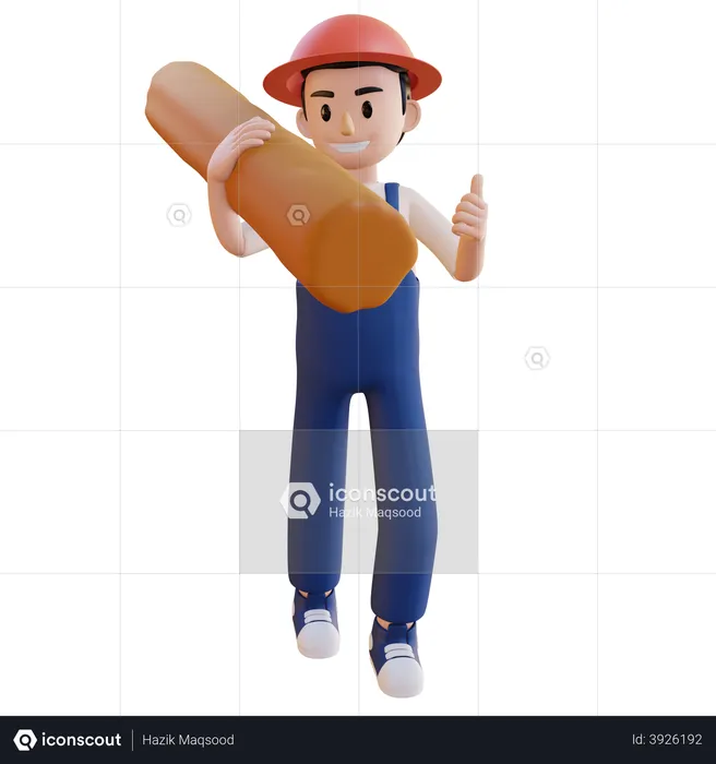 Construction worker carrying wood pipe on shoulder  3D Illustration