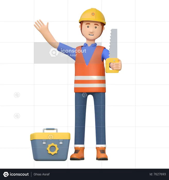 Construction worker carrying wood saw  3D Illustration